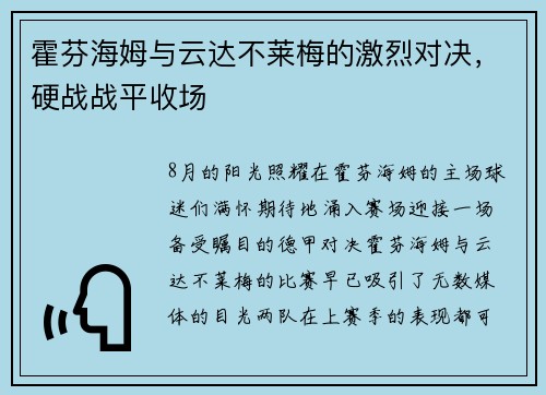 霍芬海姆与云达不莱梅的激烈对决，硬战战平收场