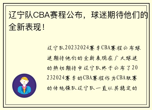 辽宁队CBA赛程公布，球迷期待他们的全新表现！